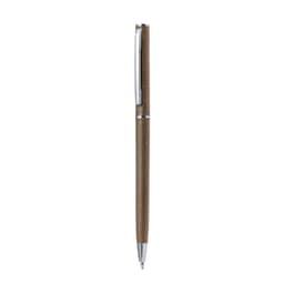 A brown pen with a silver clip, featuring a sleek design and a logo on the barrel.