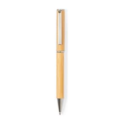 A wooden pen in a light natural finish with silver accents and a clip.