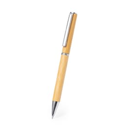 A wooden pen with a bamboo body and chrome accents, featuring a clip for easy attachment.