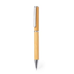 A wooden pen with a bamboo body and a silver metal clip. The design is sleek and elegant.