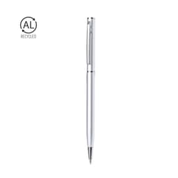 A metal pen in silver with a sleek design and a branding logo, featuring a recycled materials indicator.