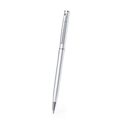A metal pen with a sleek silver finish and a clip at the top. It has a simple, elegant design.