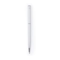 A metal pen in silver with a sleek design, featuring a subtle logo near the top.