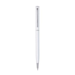 A metal pen in white with a silver clip and trim, featuring a logo on the barrel.