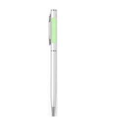 A white metal pen with a silver clip and a light green section, featuring a logo on the barrel.