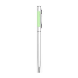 A metal pen with a white body and a green accent, featuring a clip and a logo.