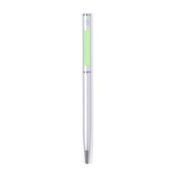A metal pen in silver and green, featuring a logo at the top and a smooth, sleek design.