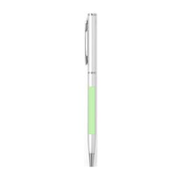 A metal pen in white with a green grip, featuring a clip and a logo on the barrel.
