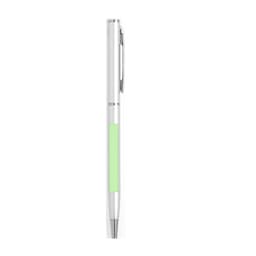 A metal pen with a sleek white body and a green grip, featuring a shiny silver clip.