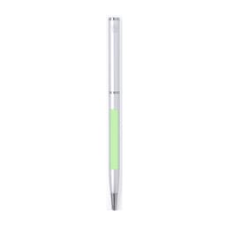 A metal pen with a silver finish and a lime green grip, featuring a branding logo.