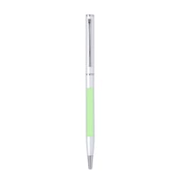 A metal pen with a white barrel and a light green grip, featuring a silver clip and nib, along with a logo.