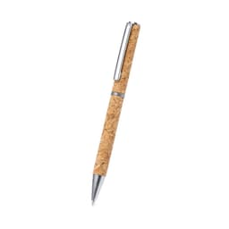 A cork-textured pen with silver accents, featuring a sleek design and a clip for easy attachment.