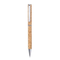 A pen with a cork body and silver accents, featuring a sleek design and a shiny tip.