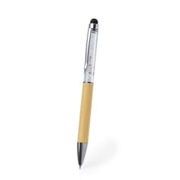 A bamboo and silver ballpoint pen with a stylus tip, featuring a sleek design and a branding logo.
