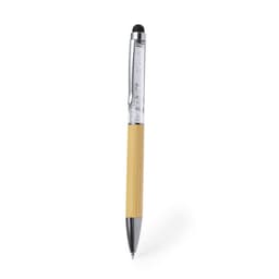 A bamboo ballpoint pen with a chrome clip and a stylus tip, featuring a transparent barrel.