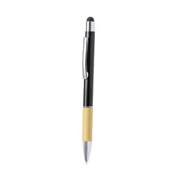 A black and bamboo ballpoint pen with a stylus tip and a metal clip, featuring a logo on the barrel.