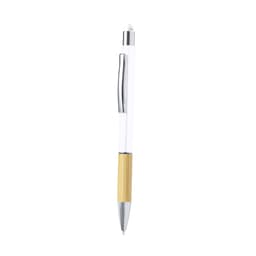 A ballpoint pen with a clear barrel, chrome accents, and a gold-toned grip section. It features a logo.