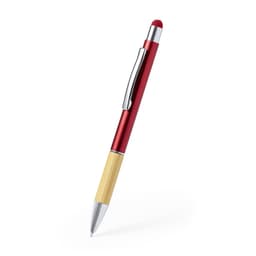 A red ballpoint pen with a bamboo accent and a stylus tip, featuring a silver clip and branding.