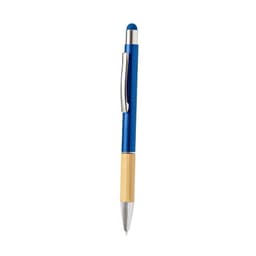 A blue ballpoint pen with a silver clip and a bamboo grip, featuring a stylus tip and a branding logo.