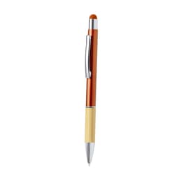 A ballpoint pen in orange and beige with a silver clip and a stylus tip at the top. It features branding.