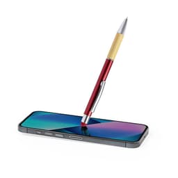 A red and silver ballpoint pen with a wooden accent, resting on a smartphone screen. The pen features a stylus tip and has a logo.