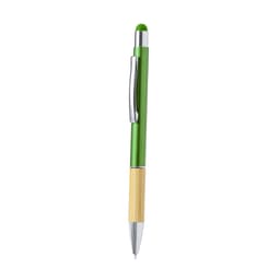 A green ballpoint pen with a bamboo grip and silver accents. It features a stylus tip for touchscreens.