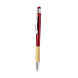 A red and yellow ballpoint pen with a shiny silver clip and a stylus tip. The pen features branding.