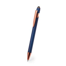 A navy blue ballpoint pen with rose gold accents and a clip, featuring a logo.