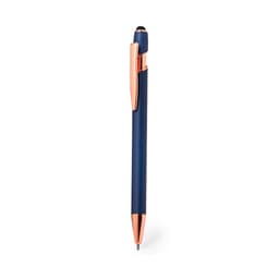 A navy blue ballpoint pen with rose gold accents and a stylus tip. Features branding on the side.