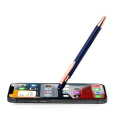 A navy ballpoint pen with rose gold accents sits on a smartphone screen, highlighting its dual functionality as a stylus.