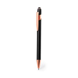 A black ballpoint pen with rose gold accents and a stylus tip featuring a logo.