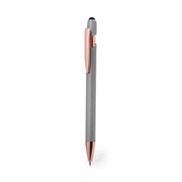 A grey ballpoint pen with a rose gold clip and tip, featuring a stylus on the top and a logo.