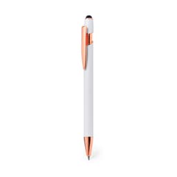 A white ballpoint pen with a rose gold clip and tip, featuring a stylus on the top and a logo.