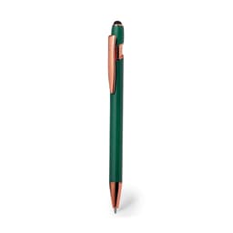 A green ballpoint pen with rose gold accents and a sleek design, featuring a branding logo.
