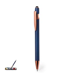 A blue ballpoint pen with a rose gold clip, alongside a stylus pen on a small palette.