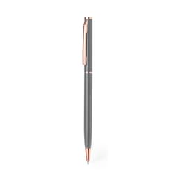A metal pen with a grey barrel and rose gold accents, featuring a clip and a sleek design.