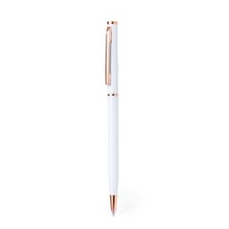 A metal pen featuring a sleek white body with rose gold accents and a clip. It has a minimalist design.