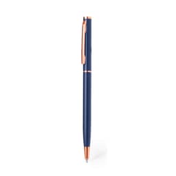 A metal pen in navy blue with rose gold accents and a clip. It features a sleek, elegant design.