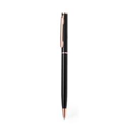 A metal pen in black with rose gold accents, featuring a clip and a sleek design. Includes branding.