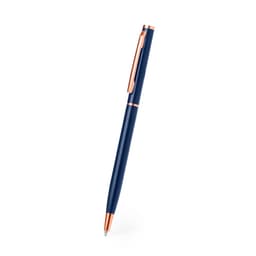 A metal pen in navy blue with rose gold accents, featuring a clip and smooth finish.