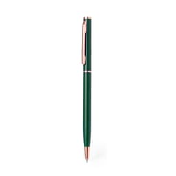 A green metal pen with a rose gold clip and accents, featuring a sleek design and branding.