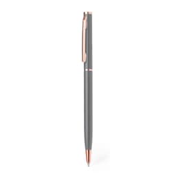A metal pen in grey with rose gold accents, featuring a clip and sleek design.