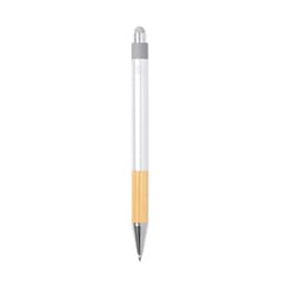 A ballpoint pen with a silver metal and bamboo body, featuring a stylus tip and a logo near the top.