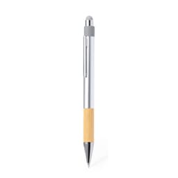 A ballpoint pen with a silver and bamboo design, featuring a stylus tip and a clip.
