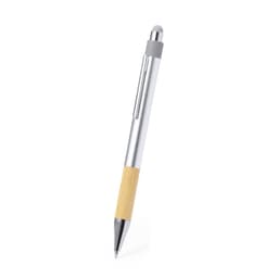 A silver ballpoint pen with a bamboo grip and a stylus tip, featuring a clip and a brand logo.