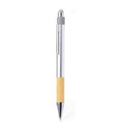 A ballpoint pen with a silver metal body and a bamboo grip, featuring a stylus tip and a clip.