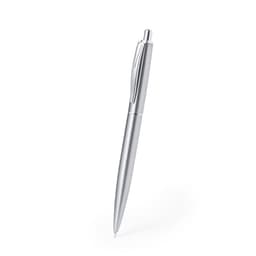 A silver metal pen with a sleek design and a clip for secure attachment. It has a branding logo on it.