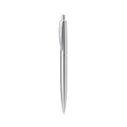 A metal pen with a sleek silver design, featuring a clip and a smooth surface. The pen has a logo on it.
