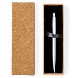 A metal pen with a sleek silver finish inside a cork gift box, featuring a black lining and ribbon.