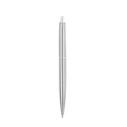 A metal pen with a sleek silver finish and a simple design. It features a logo on the body.